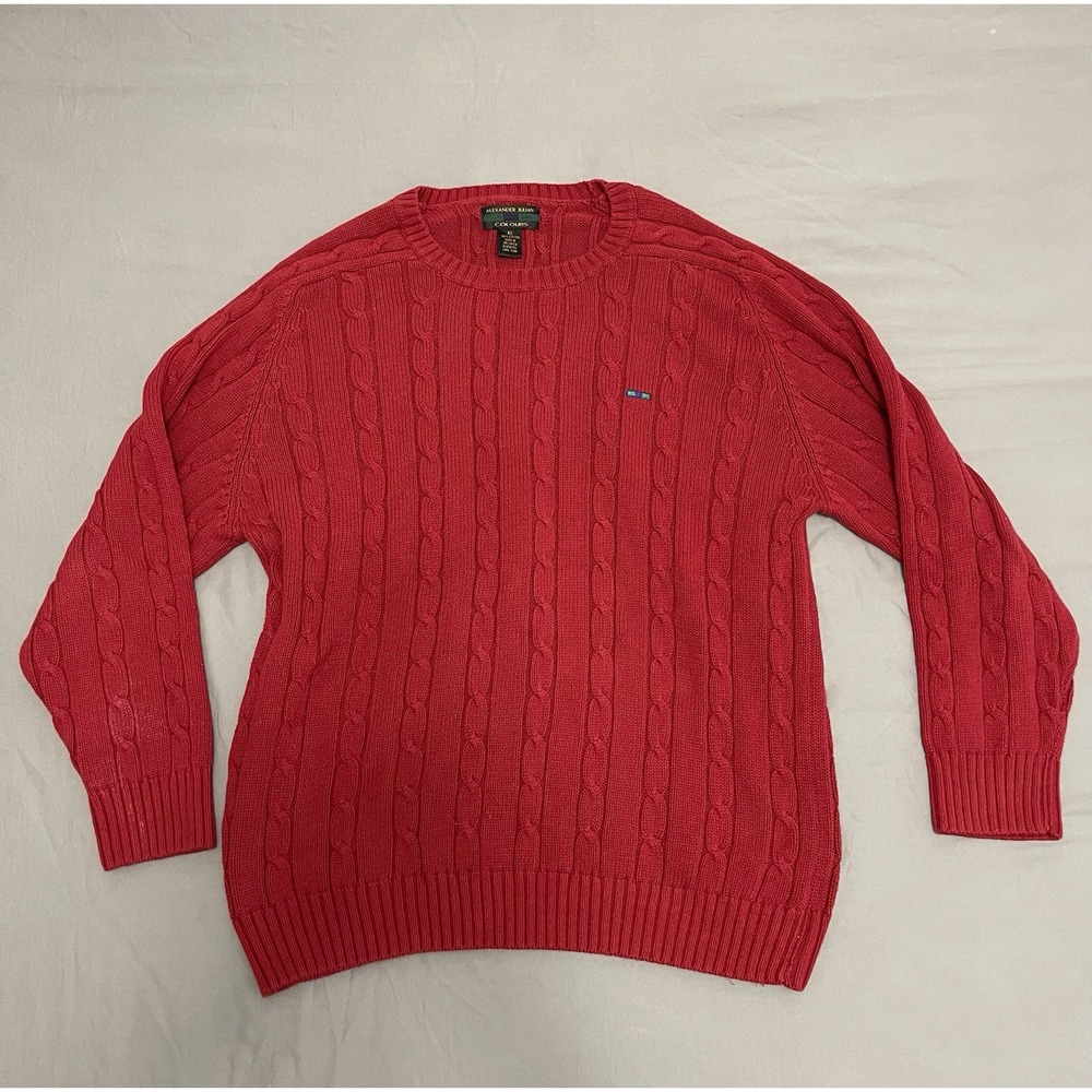 Alexander Julian Colours Mens XL Red Cable Knit Cotton Crew Neck Sweater